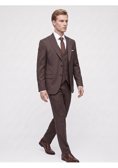 Tk6896 Erkek 3 Parça Slim Fit Çift Yırtmaçlı Takım Elbise Yelekli Şık Klasik Takım 6 Drop Kahverengi