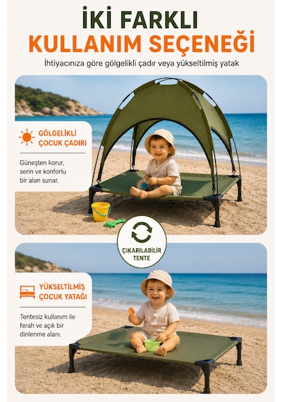 Reyo Oxford Uv Korumalı Gölgelikli Çadır, Plaj, Kamp, Bahçe Oyun Çadırı, Yerden Yüksek Uyku Çadırı 83x62x80 Cm Yeşil
