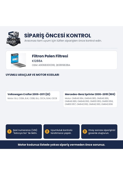 Filtron K1288a Polen Filtresi - Crafter / Mercedes Sprinter 06+ Karbonlu