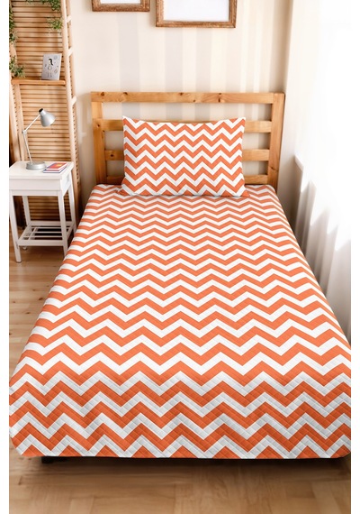 Turuncu Zigzag Geometrik Genç Odası Tek Kişilik Pike Takımı - Modern Chevron 160x220 Cm Yatak Örtüsü Mumlu Duman Kıyımı