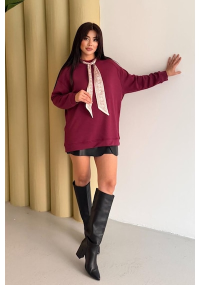 Balenbi Premium Modal Fular Detaylı Bisiklet Yaka Oversize Tunik 1177 Bordo