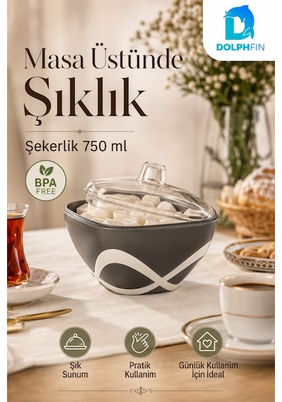 Dolpfin 750 Ml Kapaklı Şekerlik Siyah Beyaz Masaüstü Toz Ve Küp Şeker Kabı Bpa İçermez Mor