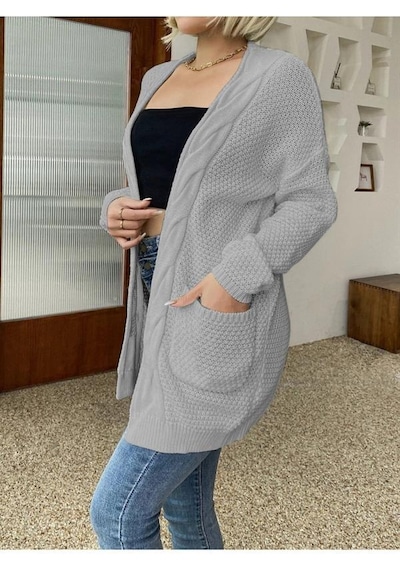 Aqe Fashion Örgü Şeritli Rahat Kalıp Esnek Cepli Kadın Gri Triko Hırka Gri