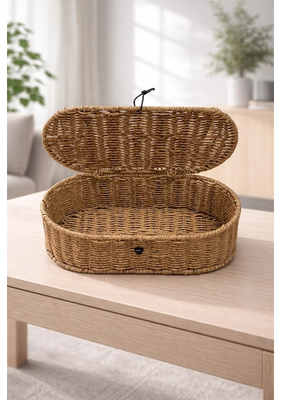 Rattan Kapaklı Oval Organizer Sepet Doğal Hasır Dekoratif Çok Amaçlı Saklama Kutusu Kahverengi
