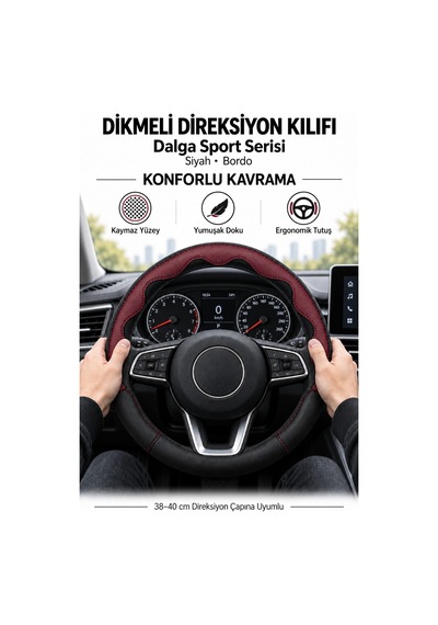 Trobus Ford Fiesta 2018-2023 Uyumlu Dikmeli Direksiyon Kılıfı Dalga Sport Deri Siyah Bordo Siyah - Bordo