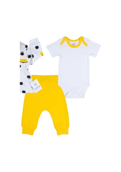 Babydonat Puanlı Hırkalı % 100 Pamuk 3'lü Kız Takım Sarı