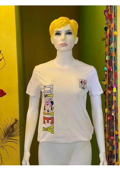 %100 Pamuk Basik Bisiklet Yaka Örme Mickey Mause Minny Mause T-shirt Beyaz