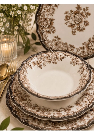 Porser Porselen Velour Brown Fulya Yemek Seti 6 Kişilik 24 Parça Kahverengi