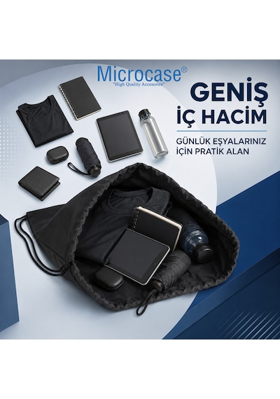 Microcase Su Geçirmez İpli Büzgülü Sırt Askılıklı Spor Çantası Gym Fitness Seyehat Hafif Kullanışlı Çanta 2 Adet Al5626 Siyah