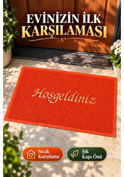 Kırmızı 40x60 Cm Hoşgeldiniz Yazılı Kapı Önü Paspası Kıvırcık Dokulu Altın Yazılı Dekoratif Ev Paspası