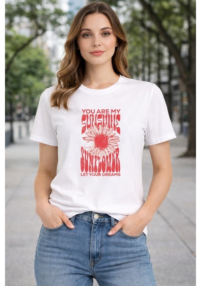 Herkesemoda Sunshine Baskı Detaylı Basic T-shırt Beyaz