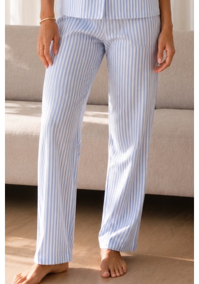 Kadın Loose Uzun Paça Pamuk Mavi Pijama Takımı