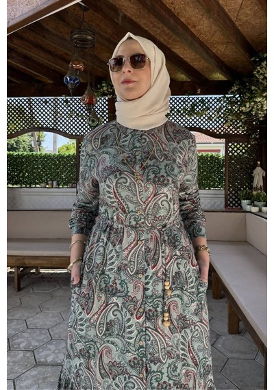 Rabia Şamlı Rengin Şal Desenli Gömlek Elbise Yeşil Normal