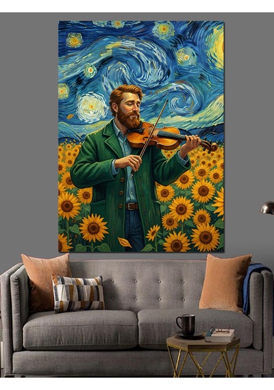 Ahşap Tablo Van Gogh Tarzı Yıldızlı Gecede Ayçiçek Tarlasındaki Kemancı Adam