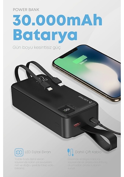 Taşınabilir 30.000 Mah Powerbank 22.5w Pd Hızlı Şarj, Led Gösterge, Android & Apple Uyumlu iOS Siyah