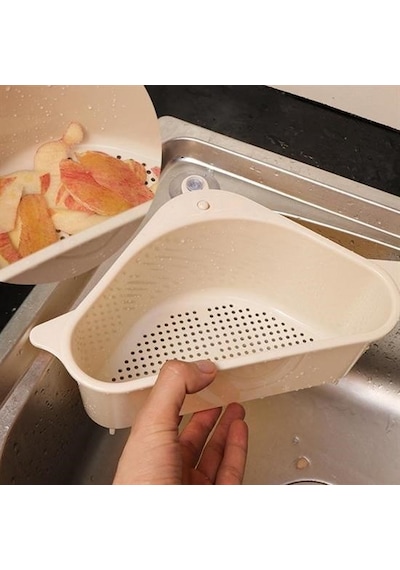 Vantuzlu Üçgen Sebze Meyve Lavabo Raf Evye Süzgeç Sünger Tutucu Düzenleyici Mutfak Organize Beyaz