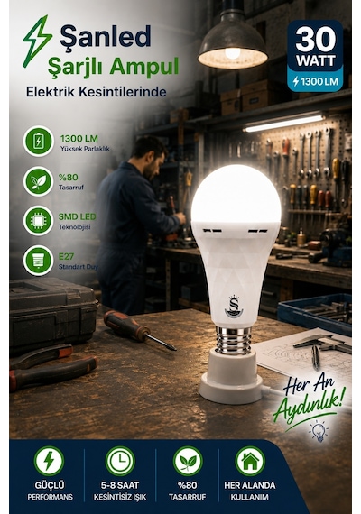 Şarjlı Akülü 30w Beyaz Işık Led Ampul 2 Adet 2 Adet