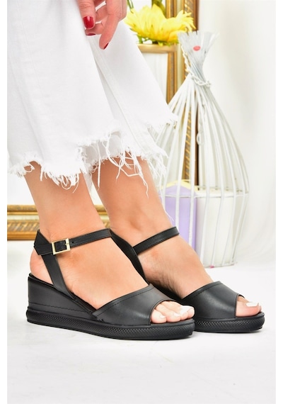 Fox Shoes Siyah Kadın Dolgu Topuklu Ayakkabı K674605409 Siyah-suni Deri