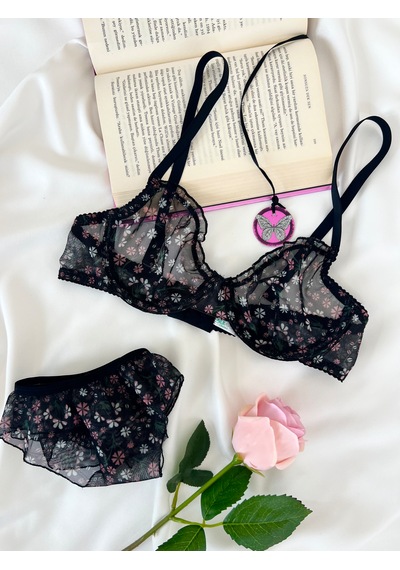 Arinda Butterfly Siyah Tül Çiçek Desenli Balenli Kapsız Fırfırlı Bralette Sütyen Tanga İç Çamaşırı Takımı Alt Üst 2 Parça