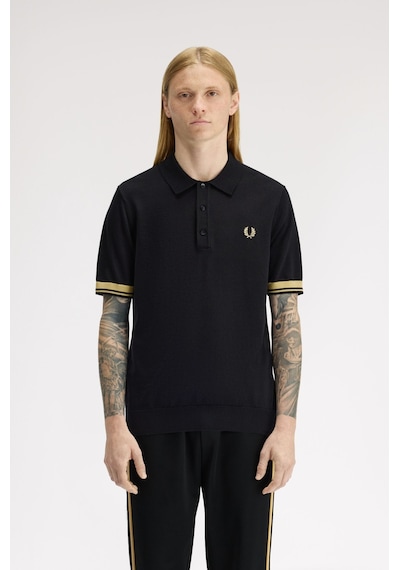 Fred Perry K2323-90a Contrast Cuff Knitted Erkek Polo Tişört Siyah