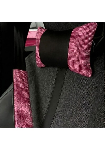 Işıltılı Pırlanta Taşlı Ergonomik Boyun Yastığı Ve Konforlu Emniyet Kemer Süngeri Seti Üniversal Pembe