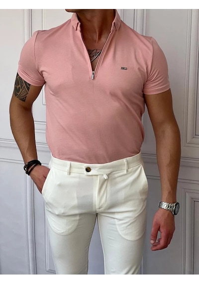 Modefendi Pamuk Likra Slim Fit Kalıp Bebe Yaka Fermuarlı Tshirt Pembe