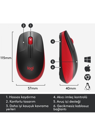 LOGITECH M191 KABLOSUZ 1000 DPI KIRMIZI MOUS   910-005910