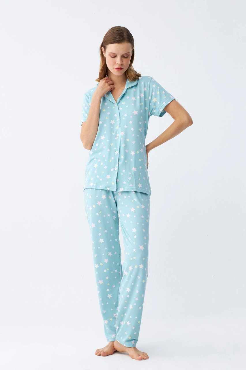 Akbeniz Kadın Buz Mavisi Yıldız Desenli Önden Düğmeli Pijama Takımı Buz Mavisi