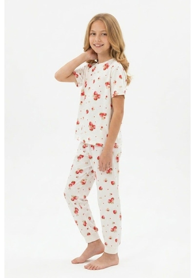 Bunny Hopp Kız Çocuk Pijama Takımı %100 Pamuk Çilek Desenli Yazlık Kısa Kollu Beyaz