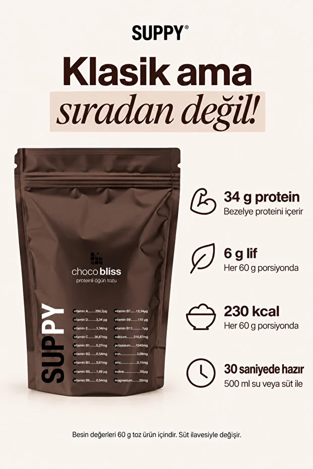 Suppy Choco Bliss Proteinli Öğün Tozu Çikolata Aromalı Vitamin & Mineral Destekli Pratik Öğün