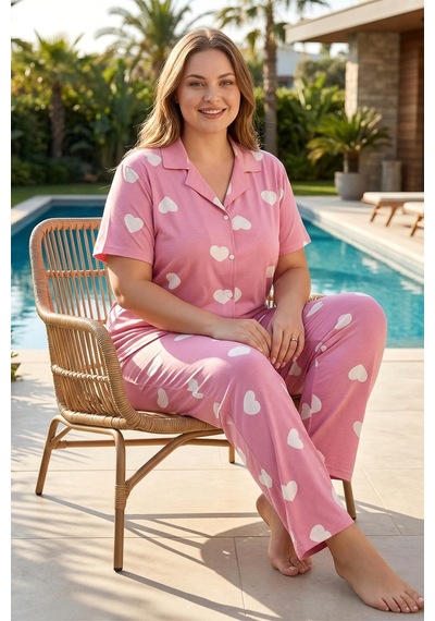 Remsa Büyük Beden Kadın Kısa Kol Milan Kumaş Pijama Takımı 50501-2517 Pembe04
