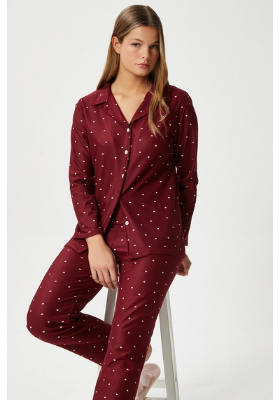Ritnice Kadın Nora Premium Bordo Kalp Süet Doku Düğmeli Yılbaşı Pijama Takımı Bordo