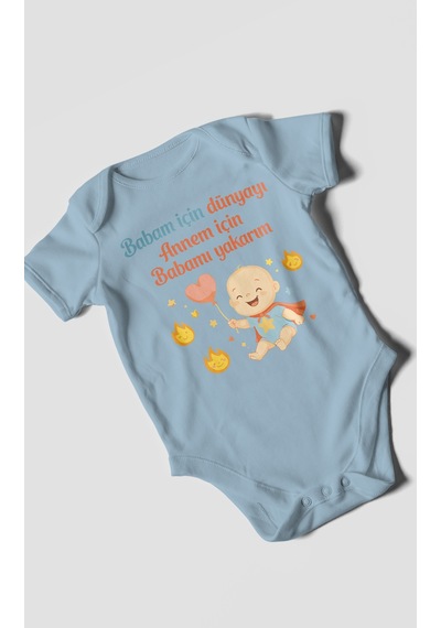Morivokids Babaya Ve Anneye Özel Kısa Kollu Bebek Body %100 Pamuk Bebe Mavisi