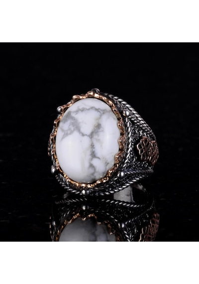 Gerçek Doğal Howlite Taş Yüzük, 925 Ayar Katı Gümüş Erkek Yüzüğü Gümüş
