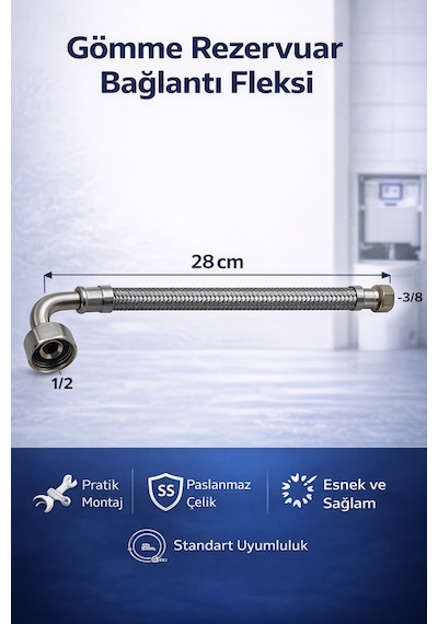 Gömme Rezervuar Fleks Hortum Dirsekli 3/8 X 1/2 Çelik Örgülü Bağlantı Hortumu 28 Cm Gri