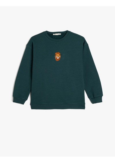 Koton Uzun Kollu Bisiklet Yaka Aslan İşlemeli Şardonlu Pamuklu Sweatshirt Yeşil 5wkb10555tk Yeşil