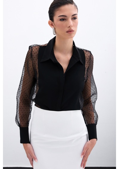 Sateen Organze Detaylı Gömlek - Siyah-135968 Siyah