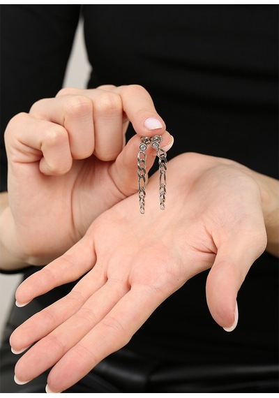 Tesbihane Zincir Tasarım Sallantılı Model Silver Renk 925 Ayar Gümüş Kadın Küpe