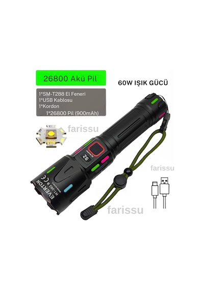 Rt-063 B 60w 6000 Lümen Ultra Güçlü Beyaz Lazer Led El Feneri - 2 Km Menzilli & Powerbank Özellikli Siyah