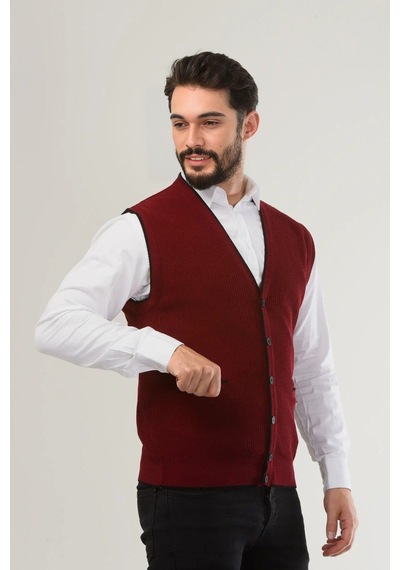 Kamalı Bordo Erkek V Yaka Triko Düğmeli Cepli Çizgi Desenli Regular Fit Tüylenmeyen Örgü Yelek Bordo
