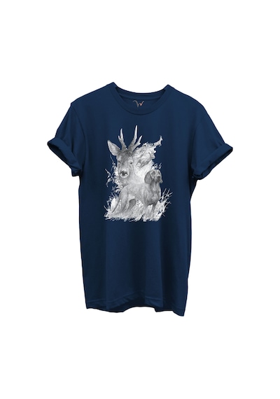 Geyik Ve Av Köpeği Çizim Baskılı %100 Pamuk Regular Fit Bisiklet Yaka Unisex T-shirt Lacivert