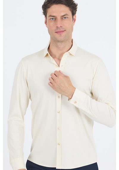 İmza Açık Krem Uzun Kol Düz Örme Polo Yaka Cepsiz Esnek Classic Slim Fit Gömlek 1004250153 650 Açık Krem