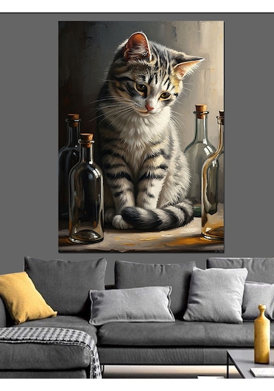 Ahşap Tablo Kitap Rafları Arasında Kedi Portresi