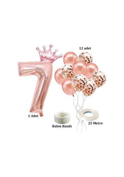 7 Rakam Rose Gold Folyo Balon, Kral Tacı Ve Konfetili Rose Gold Balon