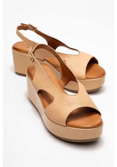 Luvishoes Luvi Shoes Brad Koyu Bej Cilt Hakiki Deri Dolgu Topuklu Kadın Sandalet Koyu Bej