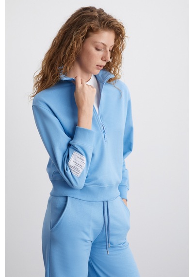 Ethıquet Saılenıs Kadın Yumuşacık Içi Şardonlu Organik Pamuk Yarım Fermuarlı Regular Mavi Sweatshirt
