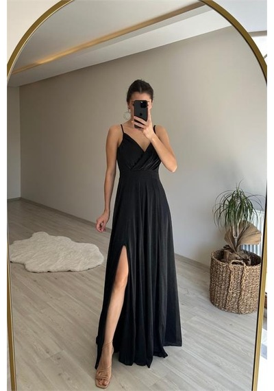 Neşeli Butik Kadın Işıltılı Askılı Yırtmaç Detayı Şifon Abiye Elbise Nm002 Siyah
