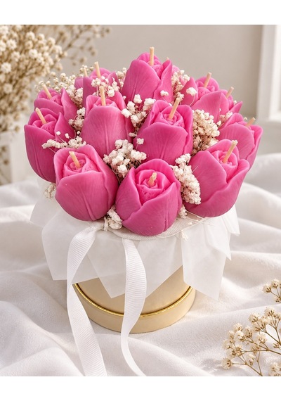 Pembe Lale Mum Buketi Silindir Kutulu