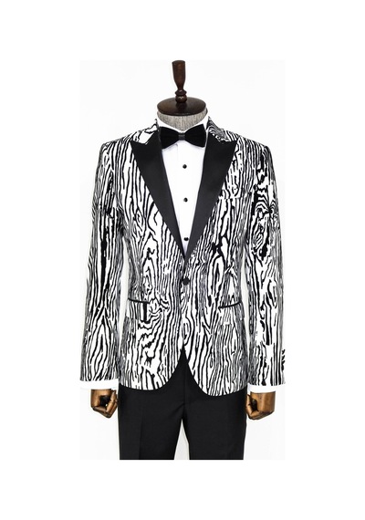 Wessi Slim Fit Zebra Desen Erkek Smokin Ceket - Beyaz