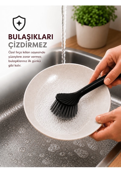 Beylini Tezgah Üstü Silikon Uçlu Bulaşık Yıkama Fırçası Çizdirmez Lavabo Tezgah Üstü Tabak Bardak Banyo Fırça Siyah